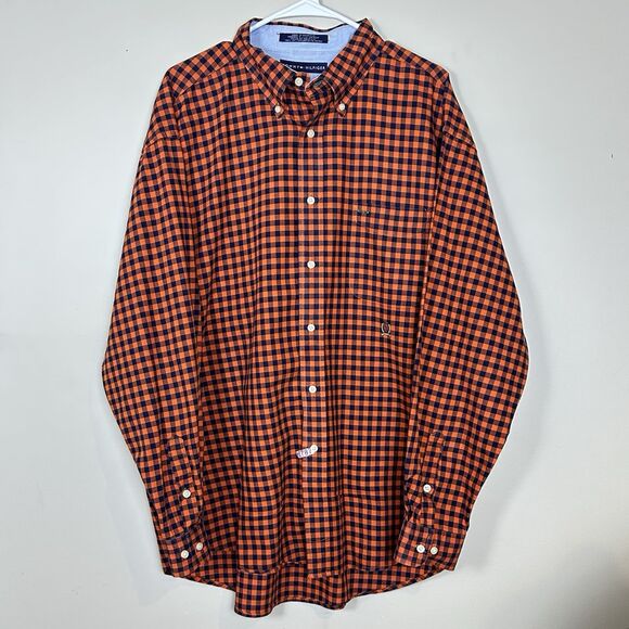 VTG Tommy Hilfiger Button Up Shirt Orange Navy Check Men XL Recently Dry Cleaned - Picture 5 of 6